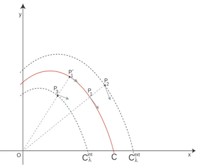 Figura 4: Soluções com condições iniciais na região delimitada por C λ ext e C λ int são atraídas para C.