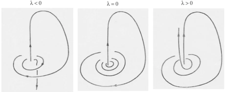 Figura 9: Bifurcação homoclínica associada a uma sela-foco hiperbólica O (em R 3 ) em que dim W s (O) = 2.