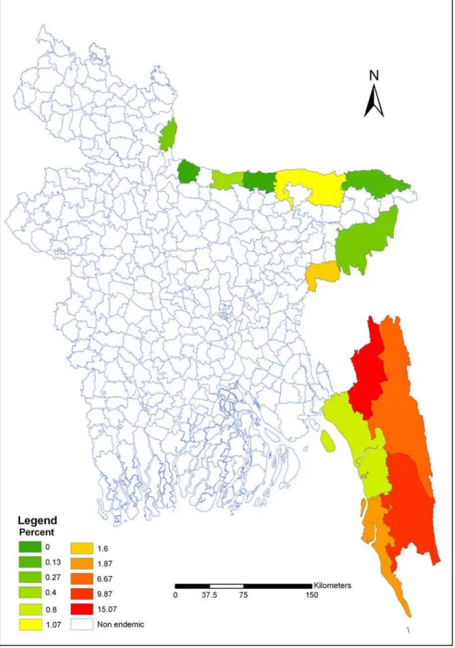 Figure 3. Distribution of Plasmodium falciparum in endemic areas of Bangladesh. The distribution of P