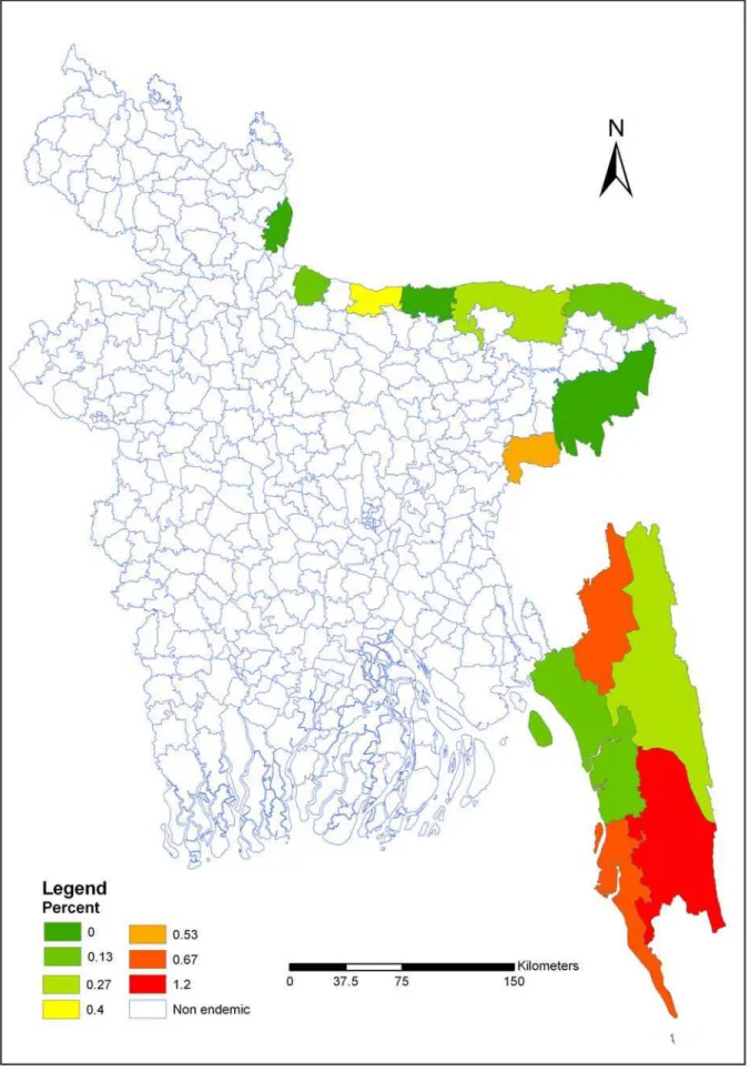 Figure 4. Distribution of Plasmodium vivax in endemic areas of Bangladesh. Figure four, shows that P