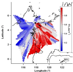 Fig. 15. Sulphate mean value map. Grey is median value, red is greater than median, blue is less than median and white denotes no data coverage