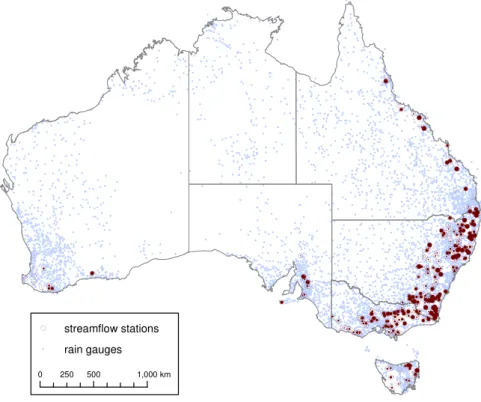 Fig. 1. Map showing the location of the stations for which data were analysed. The relative size of the inner dot corresponds to the Nash- Nash-Sutcliffe model efficiency (attained with the best three-parameter model and corrected for the number of free pa