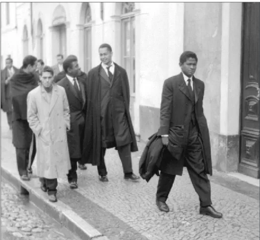 Figure 4: Street scene in Coimbra, 1958, with Araújo in front, Wilson on the right   and Chipenda next to him, in the middle 13
