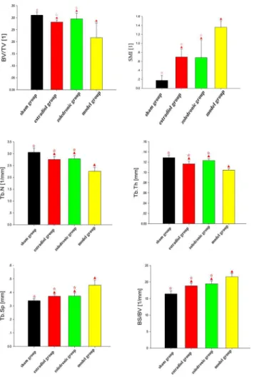 Fig 4. Comparison of the bone morphology parameters of femurs in the four groups. ▲ p < 0.01 vs