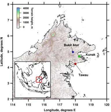 Fig. 1. Site location map for Sabah. The inland rainforest site on Bukit Atur is shown by the blue circle, the coastal site near Tawau is a red circle and the coastal site at Kunak (green circle) is also shown as featured in Pyle et al