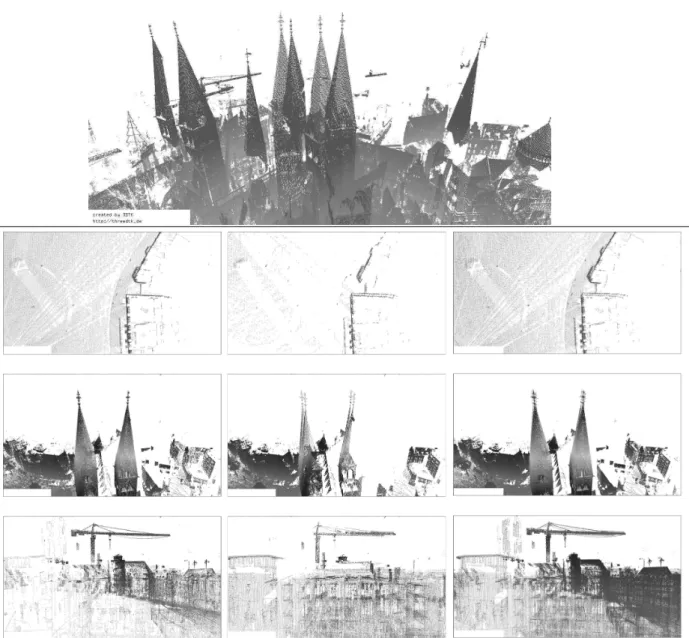 Figure 5. Above: Non-registered input 3D point clouds. Below: Left column contains images created using the original global relaxation without pose fixing, middle column contains images taken from the same position with algorithmic pose fixing, right colum