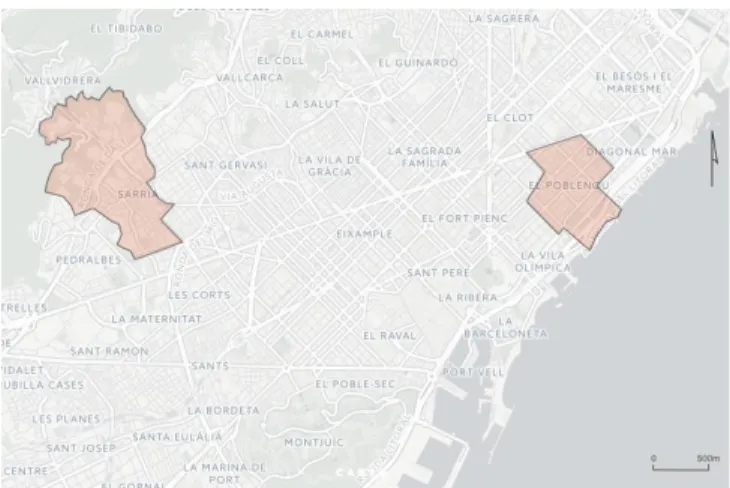 fig. 1 – Localización del trabajo de campo en la ciudad de Barcelona   (desde la izquierda el barrio de sarrià y el de Poblenou)