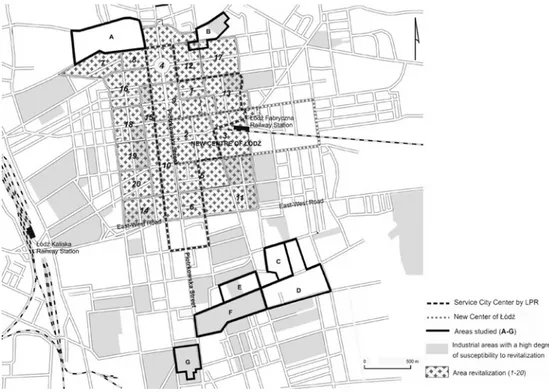fig. 3 – study areas in the context of urban regeneration programs in the downtown of Łódź.