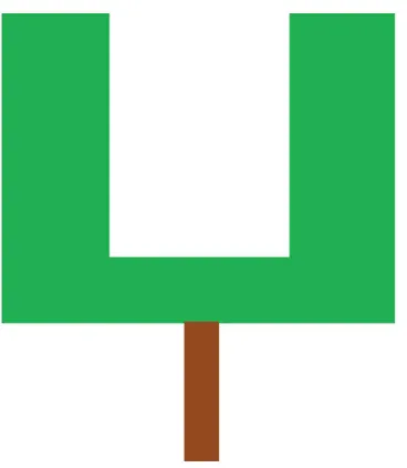 Fig 5. The vase-shaped tree. A simple cross sectional view of the vase-shaped canopy, where the foliage cubes are represented by the green coloured areas and the brown colour area represents the trunk.