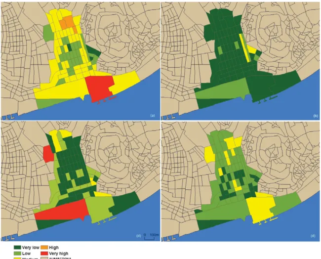 Fig. 2 – Sensitivity maps of Baixa Pombalina per category: (a) Physical sensitivity; (b) Social  sensitivity; (c) Cultural sensitivity; (d) Economic sensitivity