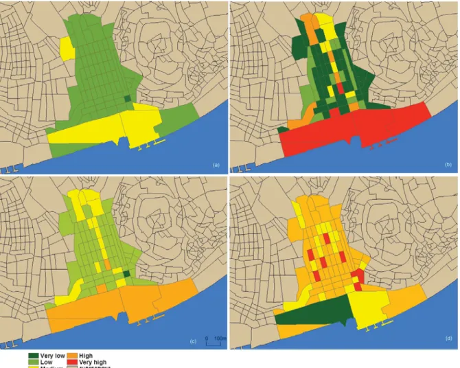 Fig. 3 – Baixa Pombalina components of vulnerability maps: (a) Sensitivity; (b) Exposure;  