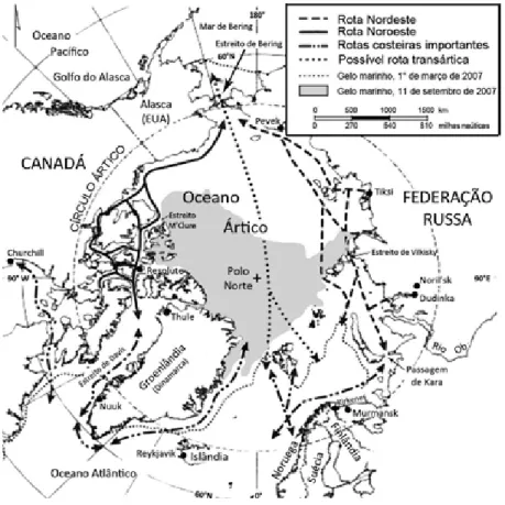 fig. 1 – Países árticos e rotas marítimas no Oceano Ártico.