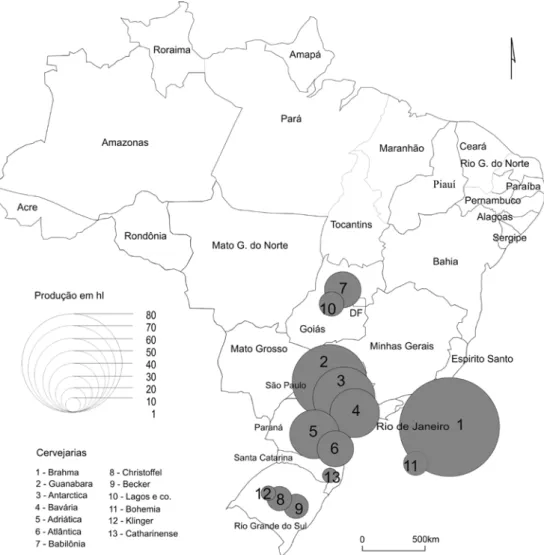 fig. 1 – Distribuição espacial das primeiras cervejarias brasileiras e produção (hl),   no período de 1880 a 1928