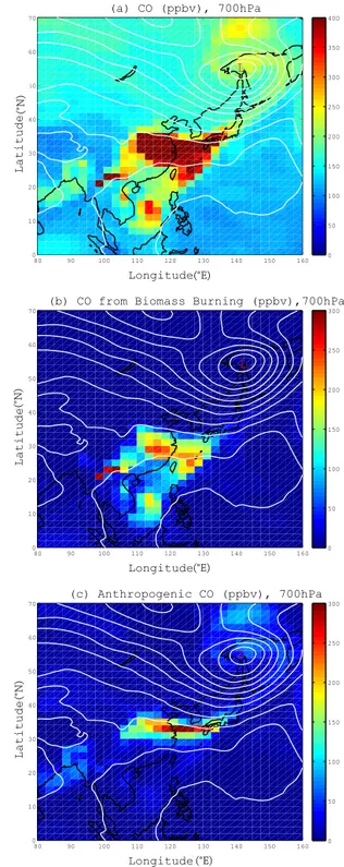 Figure 9. MOPITT CO mixing ratio at 700 hPa from 11 to 19 March 2004, overlaid with the geopotential height at 850 hPa on 17 March 2004 in blue contour and with a front shown by a brown solid line.