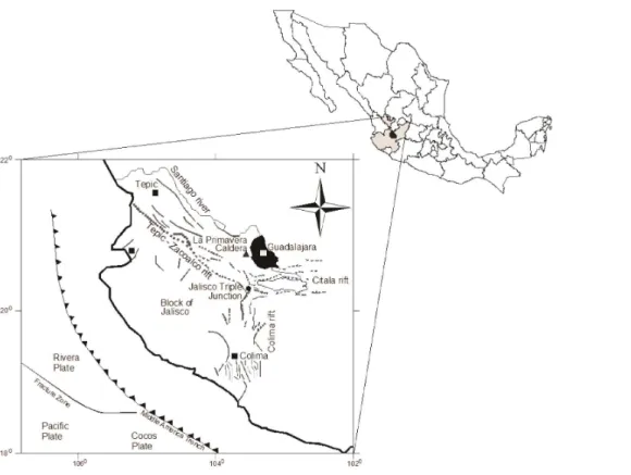 Figure 1. Location of study area (black area) in Mexico and tectonic structures of western Central Mexico.