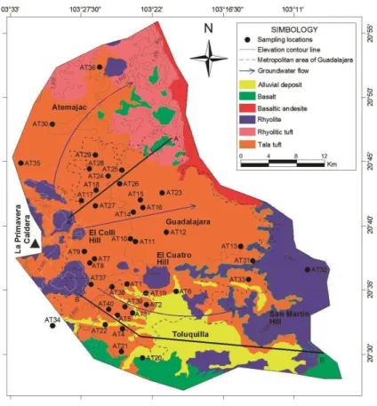 Figure 2. Geologic map of the Atemajac–Toluquilla study unit with groundwater flow direction and locations of sampled wells.