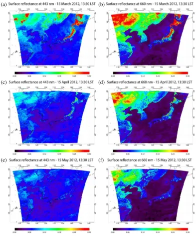 Figure 2. Surface reflectance on 15th of the month, 13:30 local standard time (LST) at 443 nm (left column) and 660 nm (right column): March (upper row), April (middle row), and May (lower row).
