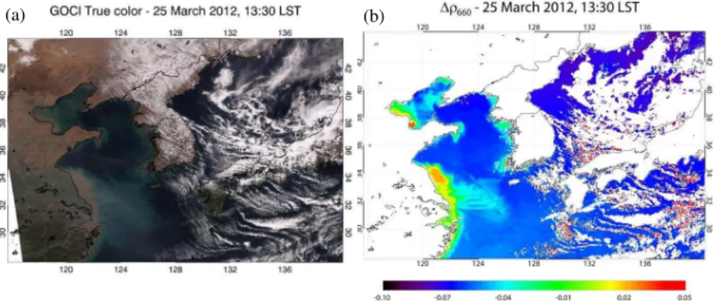 Figure 5. 25 March 2012, 13:30 LST (a) true color image and (b) ∆ρ 660 .