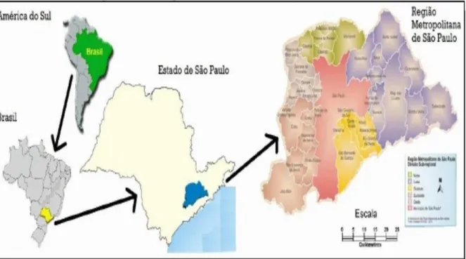 Figura  1:  Área  de  Estudo  e  Localização:  América  do  Sul,  Brasil,  Estado  de  São  Paulo  e  Região  Metropolitana de São Paulo