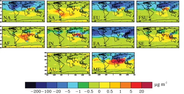 Fig. 3. Global distribution of annual average changes in tropospheric total column SO 2− 4 (µg m −2 ) for each of the regional reduction simulations relative to the base.