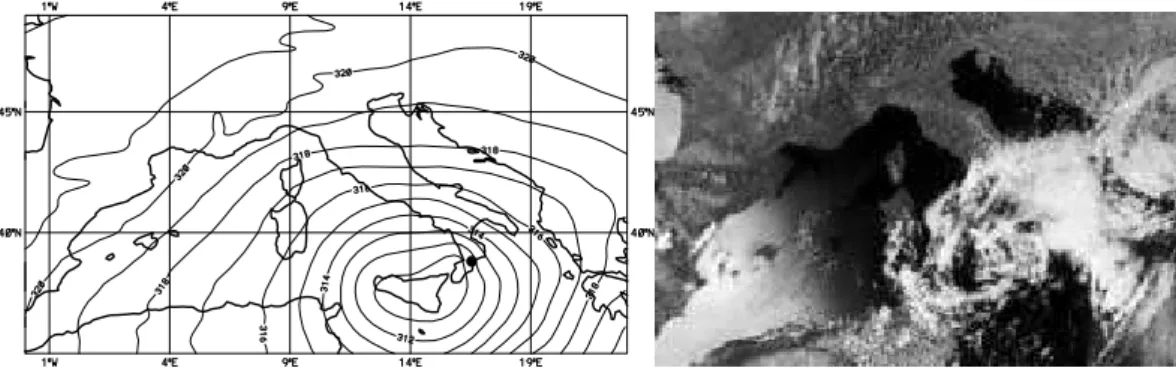 Fig. 1. Left panel: ECMWF analysis of 700 hPa geopotential height at 00:00 UTC 10 September 2000; contour interval: 10 dam