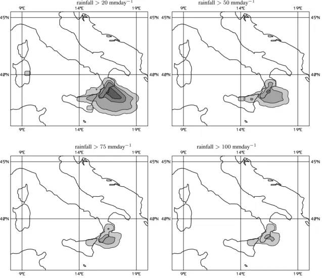 Fig. 6. LEPS nested on the RMs of ECMWF “OPE” super-ensemble: probability maps (valid at 00:00 UTC 10 September 2000; 60 h forecast) for 24 h cumulated rainfall exceeding 20 (top-left panel), 50 (top-right), 75 (bottom-left) and 100 mm day −1 (bottom-right
