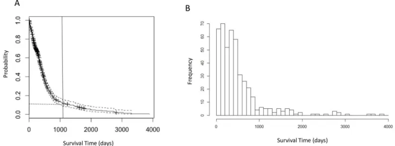 Fig 2. Survival time analyses of GBM patients. a. Kaplan-Meier plot of overall survival analysis of 591 GBM patients