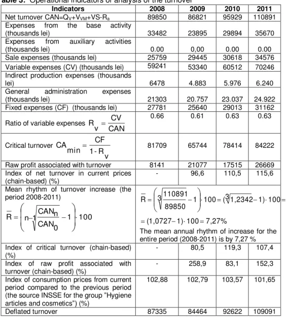 Table 3: Operational indicators of analysis of the turnover