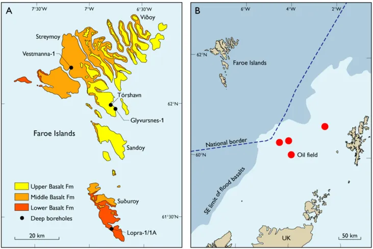 Fig. 1. A: Geological map of the Faroe Islands showing the location of deep boreholes and the distribution of the three Palaeogene basalt formations (modified from Waagstein 1998)