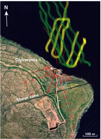 Fig. 2. Aerial photograph of Glyvursnes with well location and outline of seismic data recording on Glyvursnes in 2003
