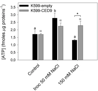 Figure 6. Effects of Ced-9 expression on adenosine-5 9 -triphos- -triphos-phate (ATP) levels in control and stressed hairy roots