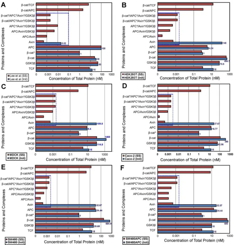 Figure 11. Steady State Analysis of protein complex for different cell lines. Initial to steady state protein redistribution among the interacting complexes of the Wnt signalling pathway for the different cell lines