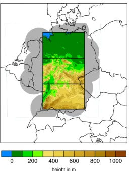 Fig. 1. COSMO-DE model domain, with insertions of coverage of the German radar composite (grey), and the three evaluation  sub-domains with the model orography.