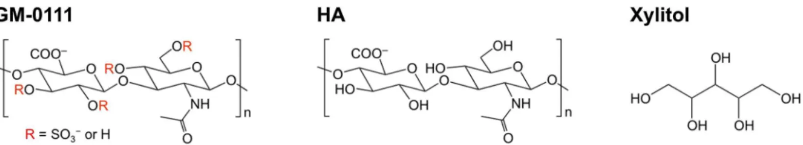 Fig 1. Chemical structures of GM-0111 (A), HA (B), and xylitol (C). GM-0111 shares the same disaccharide backbone with that of HA.