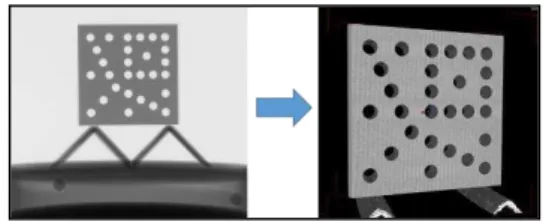 Figure 1: 2D radiograph of the holeplate (on the left) and the  reconstructed volume with surface determination  A unit  called ‘The  Hounsfield unit ’  is used to normalise the value  for the calculated attenuation coefficient for each voxel and can  be d