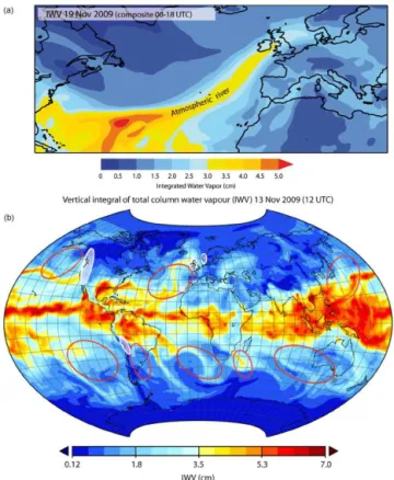 Figure 2. (a) Composite integrated total column of water va- va-por (IWV) between 00:00 and 18:00 UTC on 19 November 2009 showing an atmospheric river (AR) associated with extreme  precipi-tation events that affected the United Kingdom