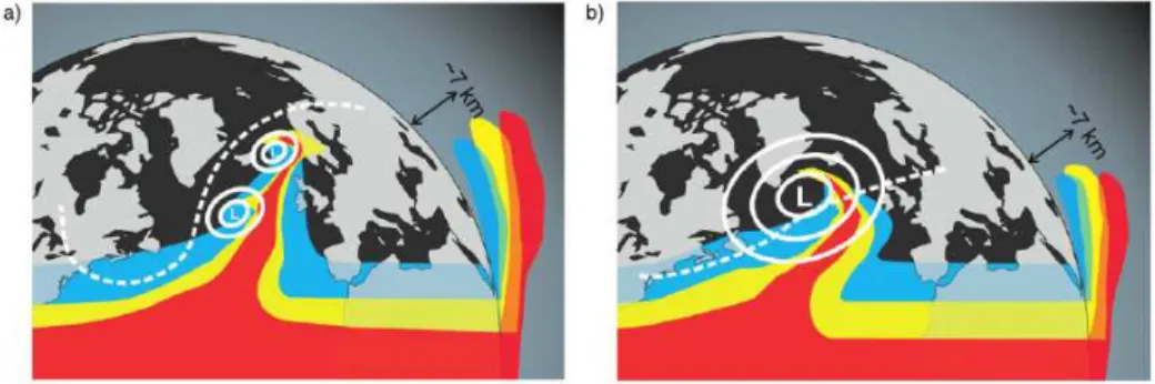 Figure 3. Schematic view of the two moisture transport configurations. (a) Anticyclonic (LC1-like) wave breaking with a meridional upper- upper-level jet and (b) cyclonic (LC2-like) wave breaking with a zonal upper-level jet