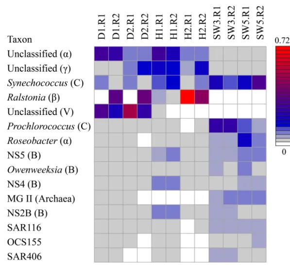 Figure 3 Heatmap showing the abundance of microbial reads in disease-like and healthy sponge tissues and in adjacent seawater at the genus level