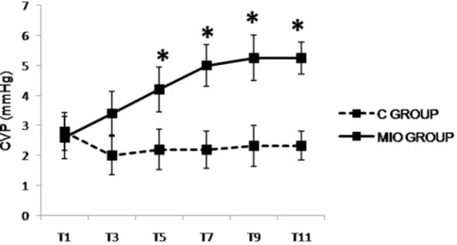 Fig 5. Central venous pressure (CVP, mmHg) values up to 5 hours after IAH stabilization