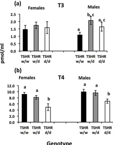 Fig 4. Average plasma concentration (±SEM) for each genotype and sex of the TSHR chickens