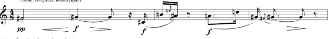 Fig. 4. Tema principal (compassos 1-4) da peça “Gagaku”, quarto andamento dos  Sept Haïkaï (esquisses japonaises), de Olivier Messiaen, Paris: Alphonse Leduc, 1966 