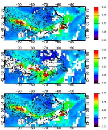 Fig. 9. The daytime mean total column CO (1 ×10 18 mol cm −2 ) on a 1 ◦ by 1 ◦ grid from the Infrared Atmospheric Sounding Interferometer (IASI) on the MetOp-A satellite for the dates (a) 18 July 2011, (b) 20 July 2011 and (c) 21 July 2011.