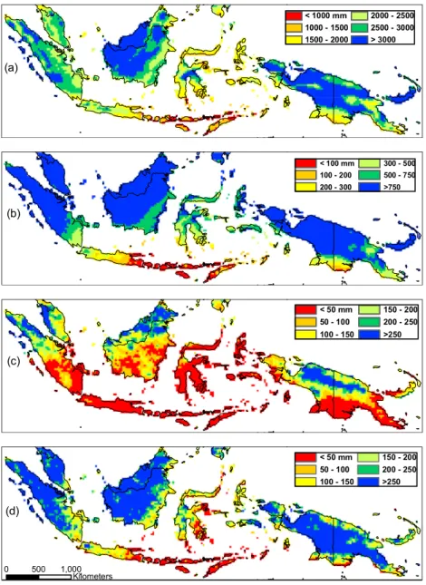 Fig. 11. (a) Average annual and (b) dry season (June–October) rainfall as determined from monthly bias corrected TMPA 3B42RT over 2003–2008 as well as (c) October 2006 and (d) October 2007 bias corrected TMPA 3B42RT rainfall.