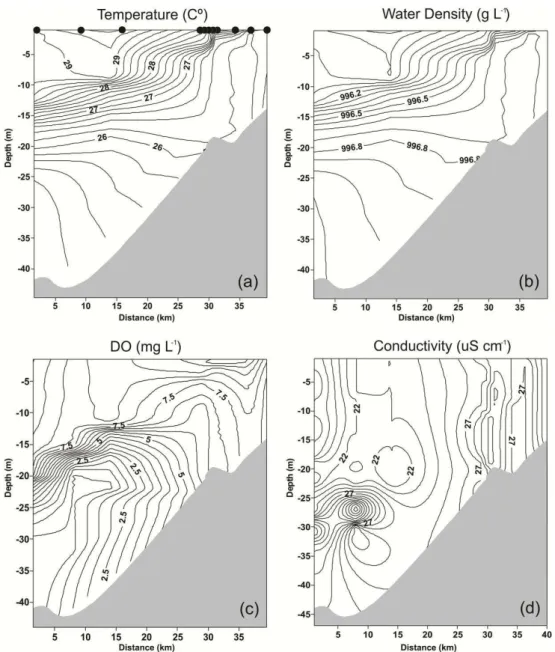 Figure 7: Isopleths of the (a) water temperature, (b) density, (c) dissolved oxygen and 
