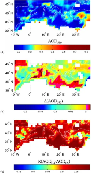Figure 1a shows the six-year (2000–2006) average spatial distribution of AOD 550 over the broader Mediterranean basin (both land and ocean) based on daily Collection 004 MODIS