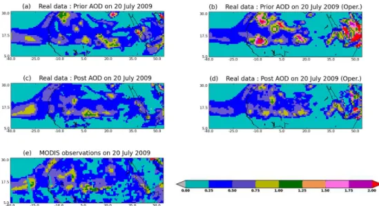 Fig. 10. Mean AOD estimates on 20 July 2009 at 12:00 Z. (a) and (b): priors using the tuned (Fig