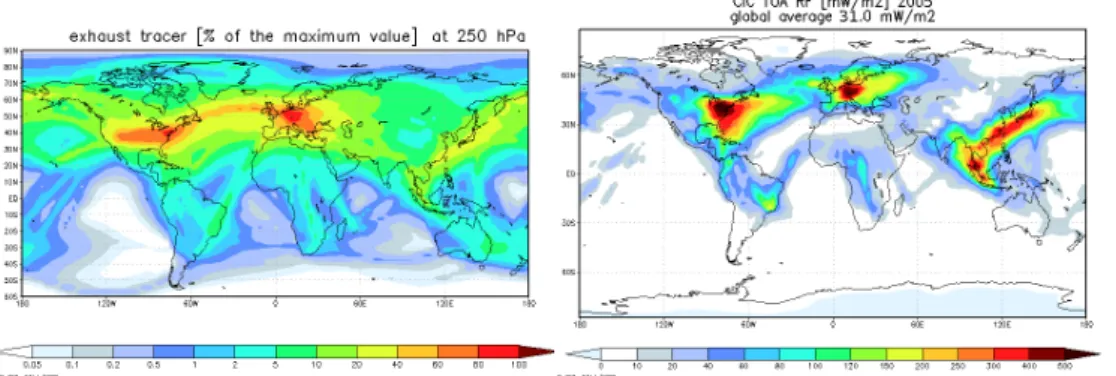 Fig. 3. On the left, annual mean horizontal distribution of the contrail tracer at 250 hPa as percentage of the maximum value