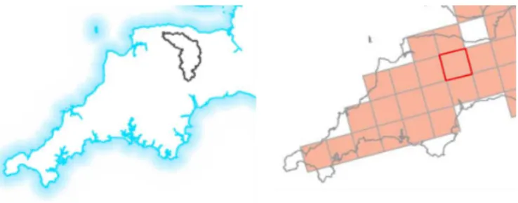 Figure 1. Location of the Thorverton catchment (the left panel) and HadRM3 25 km grid boxes (the right panel)