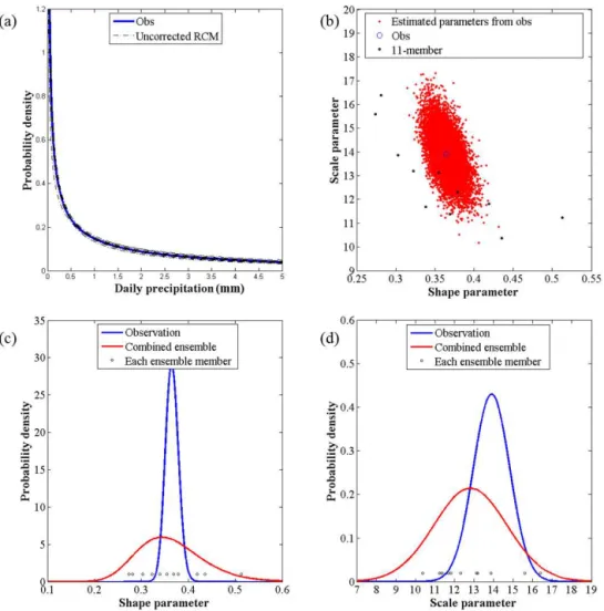 Figure 7. Parameter distributions of the observation and 11 members: (a) probability density function of the observed and 11-member precipitation time series before bias correction; (b) scatter plot between shape and scale parameters of the observed and bi