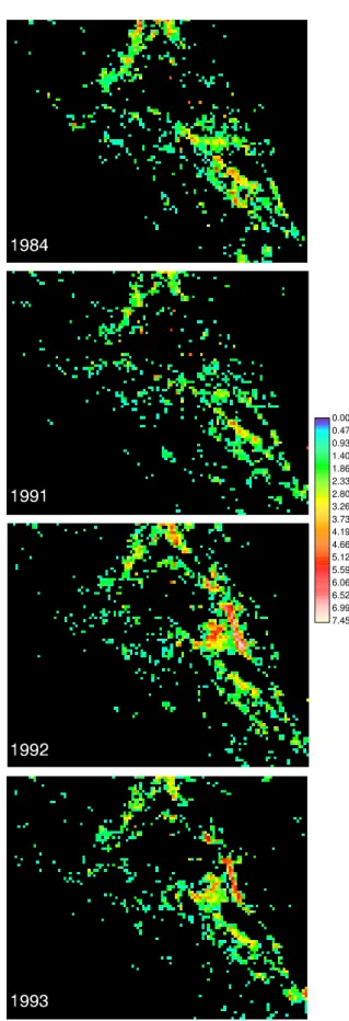 Fig. 3. Examples of log-transformed time slices S i representing seismicity rates of 1984 (quiet), and 1991 to 1993, bracketing the Landers event in June 1992.
